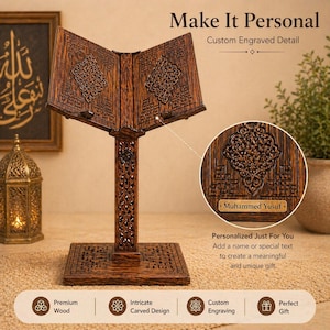 Custom engraved wooden Quran stand, personalized Islamic rehal, height adjustable Quran holder, handcrafted Seljuk carved wood stand, Muslim wedding gift, Ramadan gift, Eid gift, Islamic home decor, personalized Quran reading stand, custom name engraving.