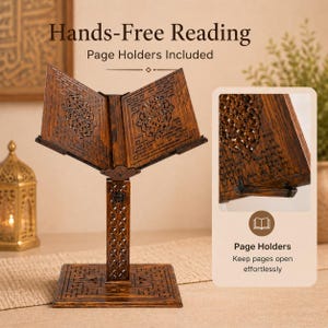 Height adjustable wooden Quran stand with page holders, handcrafted Islamic rehal, carved Seljuk design, hands-free Quran reading stand, premium wooden book holder, Muslim gift, Ramadan gift, prayer room decor, mosque reading stand.
