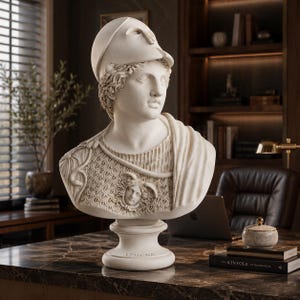 May include: A white marble bust of Athena, the Greek goddess of wisdom and warfare. The sculpture features a detailed helmet, armor, and a serene facial expression. The bust is mounted on a pedestal with the word "ATHENA" inscribed on the base. A classic home decor item.