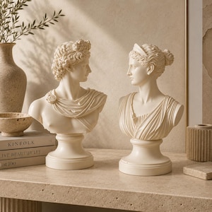 Apollo & Artemis Bust Set of 2, Greek God Statue Pair, Resin Sculpture Decor, Classical Roman Bust, Shelf Console Table Decor, Gift