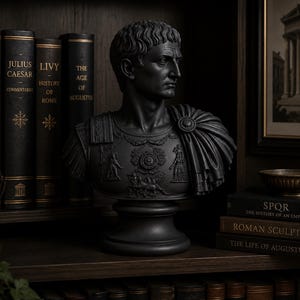 K&ouml;nnte beinhalten: Eine mattschwarze B&uuml;ste einer r&ouml;mischen Figur, die eine detaillierte R&uuml;stung mit einem &uuml;ber die linke Schulter drapierten Umhang tr&auml;gt. Die Skulptur zeigt aufwendige Reliefs auf dem Brustpanzer und ruht auf einem runden Sockel mit stoischem Ausdruck.