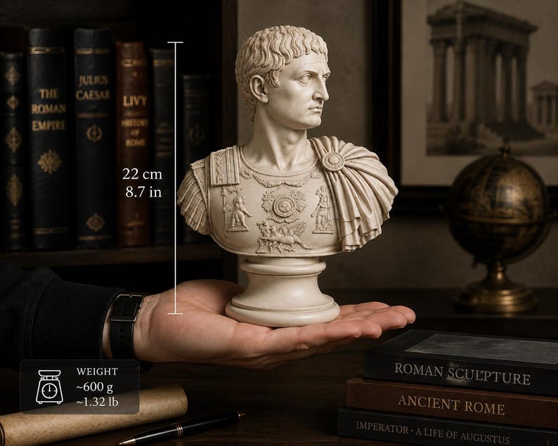 K&ouml;nnte beinhalten: Eine beige B&uuml;ste eines r&ouml;mischen Kaisers in verzierter R&uuml;stung mit detaillierten Reliefschnitzereien. Die Skulptur ist 22 cm hoch und wiegt etwa 600 g. Die Figur hat kurzes, strukturiertes Haar und einen &uuml;ber die Schulter drapierten Umhang.