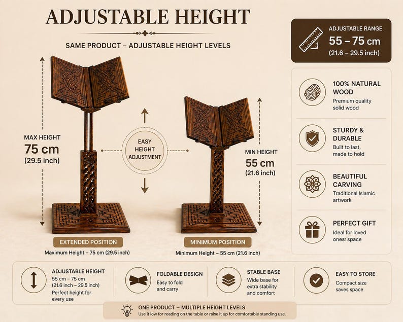 May include: Adjustable height wooden book stand with detailed carvings. The stand adjusts from 55 to 75 cm. Features include a foldable design, stable base, and easy storage. Made from 100% natural wood, it's a perfect gift. The maximum height is 75 cm.