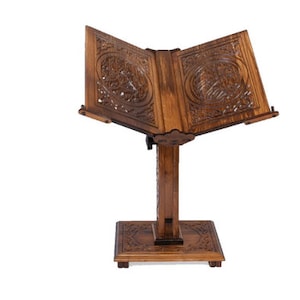 Height Adjustable Wooden Mini Portable Carved Desk, Reading Stand, Wooden Quran Holder, Bible-Torah Holder, Adjustable Bookshelf, 14 inch