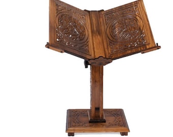 Height Adjustable Wooden Mini Portable Carved Desk, Reading Stand, Wooden Quran Holder, Bible-Torah Holder, Adjustable Bookshelf, 14 inch