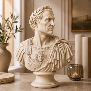 May include: A cream-coloured bust of a Roman figure wearing a laurel wreath and a breastplate adorned with a Medusa head emblem. The sculpture features detailed facial features, a draped cloak secured with a circular brooch, and a pedestal base.