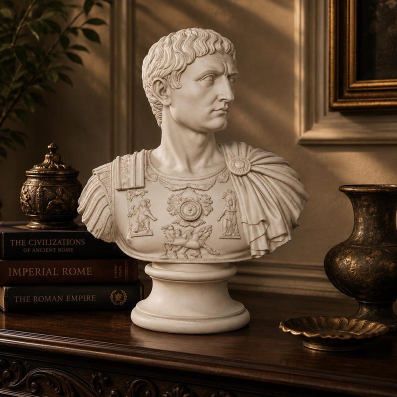 Augustus Caesar Roman emperor bust displayed on a dark wooden bookshelf with Roman history books and classical decorations.