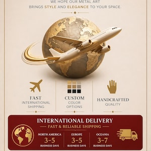 May include: An advertisement for metal art. The image shows a golden globe with a white airplane, and the text "THANK YOU FOR YOUR PURCHASE." Additional text highlights fast international shipping, custom colour options, and handcrafted quality.