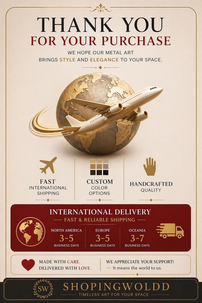 May include: An advertisement for metal art. The image shows a golden globe with a white airplane, and the text "THANK YOU FOR YOUR PURCHASE." Additional text highlights fast international shipping, custom colour options, and handcrafted quality.