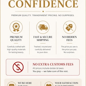 May include: A promotional graphic with the text "SHOP WITH CONFIDENCE". The graphic highlights premium quality, fast shipping, no hidden fees, and no extra customs fees. Additional text emphasises customer satisfaction and support.