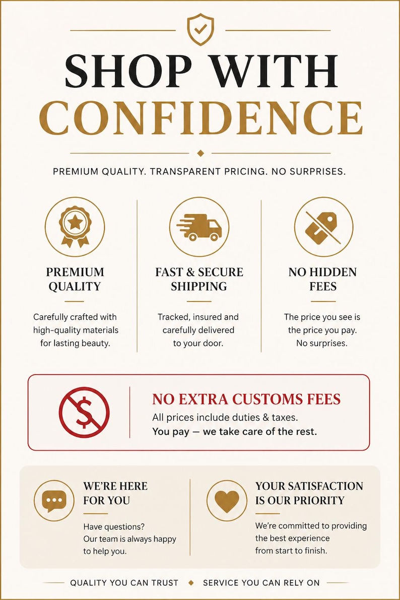 May include: A promotional graphic with the text "SHOP WITH CONFIDENCE". The graphic highlights premium quality, fast shipping, no hidden fees, and no extra customs fees. Additional text emphasises customer satisfaction and support.