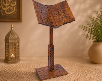 Soporte de madera ajustable y personalizado para el Corán (55–75 cm), Rehal grabado a medida, soporte para libros islámicos, soporte de lectura portátil para el suelo, regalo de Ramadán.