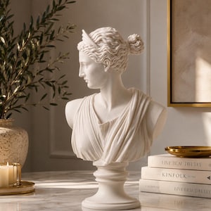 Artemis Diana Bust Statue, Greek Goddess Sculpture, White Marble Style Decor, Roman Mythology Bust, Classical Home Shelf Decor