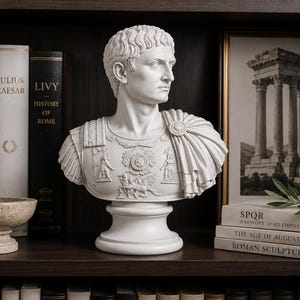 K&ouml;nnte beinhalten: Eine wei&szlig;e B&uuml;ste eines r&ouml;mischen Kaisers in verzierter R&uuml;stung mit detaillierten Reliefs, darunter ein zentrales Medaillon und drapiertem Stoff an der Schulter. Die Skulptur ist auf einem runden Sockel montiert und zeigt einen klassischen Stil.