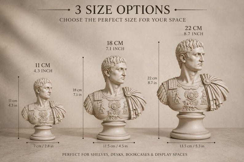 K&ouml;nnte beinhalten: Drei beige B&uuml;sten eines r&ouml;mischen Kaisers in verschiedenen Gr&ouml;&szlig;en. Der Text lautet 3 SIZE OPTIONS, 11 CM 4.3 INCH, 18 CM 7.1 INCH, 22 CM 8.7 INCH. Die B&uuml;sten zeigen detaillierte R&uuml;stungen und drapierten Stoff auf einem Sockel mit Ma&szlig;angaben.