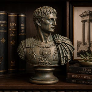 Augustus Caesar Roman bust in matte black, white, bronze patina and antique gold finishes for bookshelf and office decor.