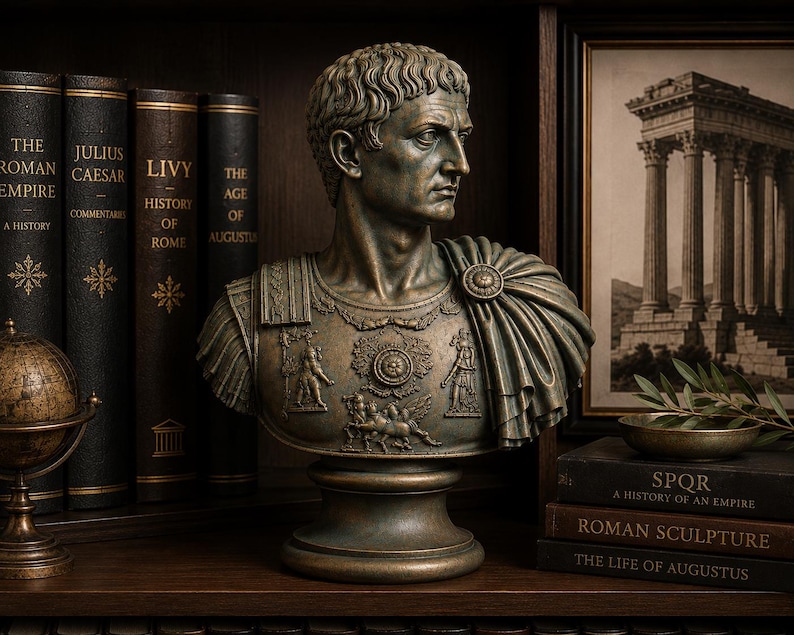 Augustus Caesar Roman bust in matte black, white, bronze patina and antique gold finishes for bookshelf and office decor.