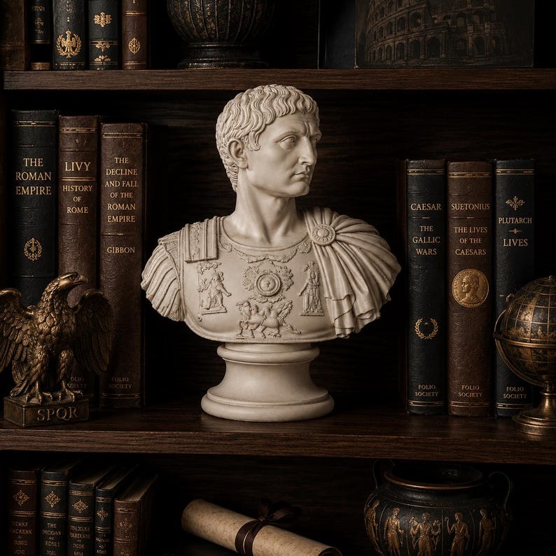 Close up of Augustus Caesar bust showing detailed Roman imperial armor, sculpted relief motifs, shoulder brooch and draped cloak.