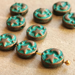 antique copper spacer beads | 9mm double sided round copper spacer beads moon and stars