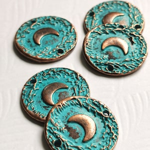 Round connector for jewellery making | aged verdigris connector with moon symbol