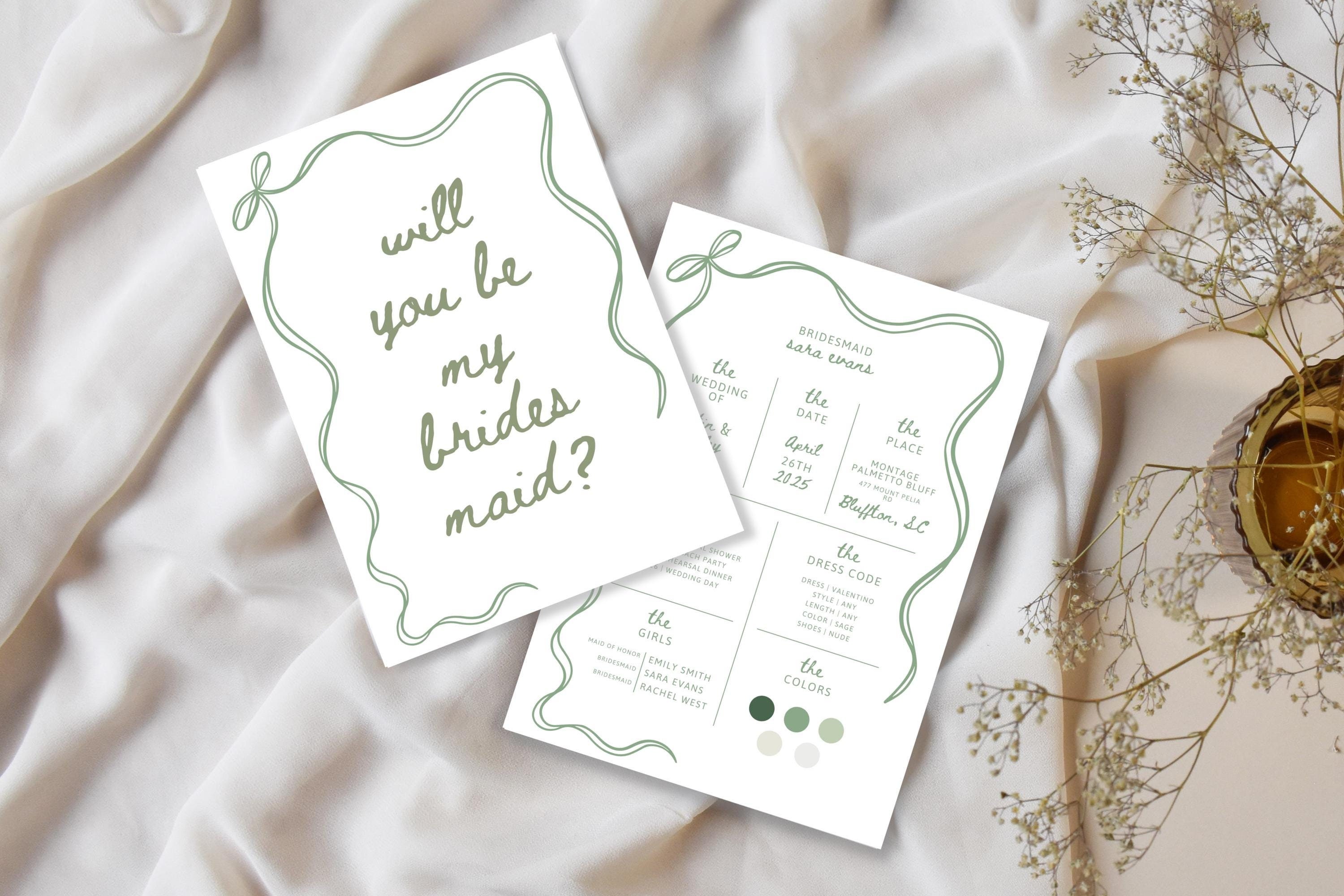Bridesmaid Proposal Card Template, Bridesmaid Info Card Template, Will You Be My Bridesmaid, Will You Be My Maid of Honor, Wedding Info Card