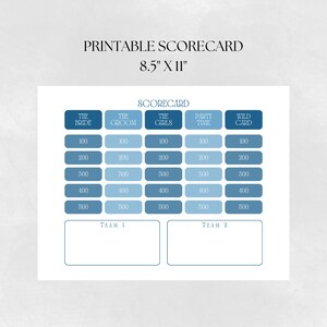 May include: Printable scorecard for a wedding or party game. The scorecard is 8.5 inches by 11 inches and has a blue and white colour scheme. The scorecard is divided into six columns: The Bride, The Groom, The Girls, Party Time, Wild Card, and Team 1 and Team 2. Each column has five rows with the numbers 100, 200, 300, 400, and 500.