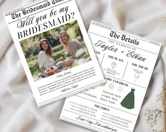 Bridesmaid Proposal Card Template, Bridesmaid Info Card Template, Bridesmaid Information Card, Newspaper Look Alike Card, Wedding Info Card