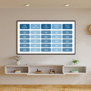 May include: A white board with a blue and white colour scheme. The board is divided into five columns labelled "The Bride", "The Groom", "The Girls", "Party Time", and "Wild Card". Each column has five rows with numbers 100, 200, 300, 400, and 500.