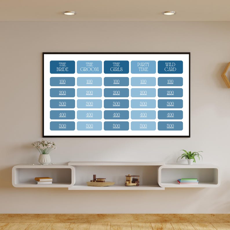 May include: A white board with a blue and white colour scheme. The board is divided into five columns labelled "The Bride", "The Groom", "The Girls", "Party Time", and "Wild Card". Each column has five rows with numbers 100, 200, 300, 400, and 500.
