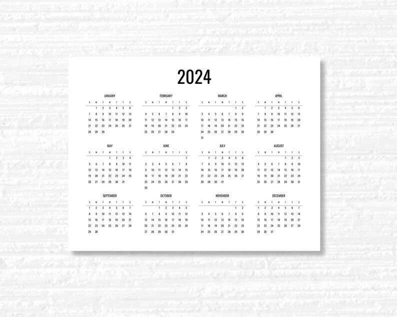 2024 Calendar, Year at a Glance Printable, Minimalist, Yearly Calendar