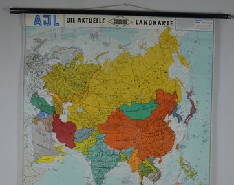 Asia: original vintage German 1960s educational poster roll down school wall chart Schulwandkarte map continent China India Russia USSR Iran