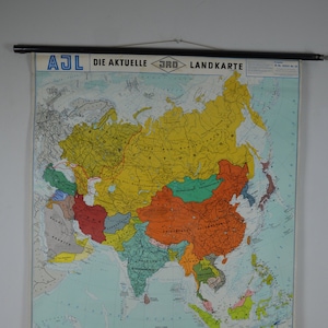 Asia: originale vintage tedesco anni '60 poster educativo rotolare giù tabella muro scuola Schulwandkarte mappa continente Cina India Russia URSS Iran