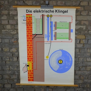 Elektrische Glocke, Schaltung: original Vintage Deutsche 1970er Jahre Bildungsposter Schulwandkarte Illustration Strom ingenieur Türklingel MCM