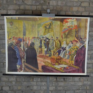 Carlo V rinuncia alla corona, Sacro Romano Impero: originale vintage 1960 poster educativo tedesco scuola carta da parati roll down stampa storia