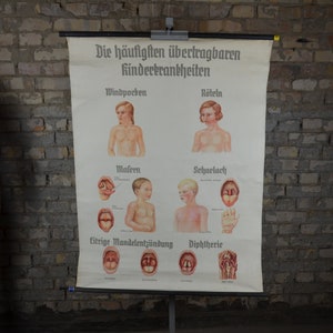 Enfermedades infecciosas de los niños: cartel de la escuela educativa alemana vintage original de la década de 1930 gráfico mural médico Vacunas Fiebre escarlata rareza