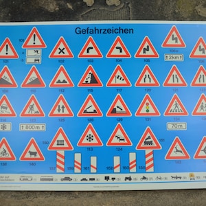 Panneaux routiers danger des années 1970, Autobahn, Allemagne: carte scolaire vintage originale panneaux de signalisation affiche éducative pictogrammes de conception graphique des années 70