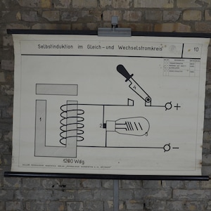 Elektriciteit, Zelfinductie, Circuit: originele vintage jaren 1920 Duitse educatieve poster school wandkaart roll down print antieke wetenschap