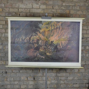 Bataille de la forêt de Teutoburg, catastrophe de Varian : illustration originale de l'histoire du tableau mural de l'école allemande des années 1950 Embuscade des soldats romains