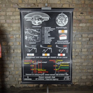 Bimetall-Streifen, Schalter, Siemens: original Vintage 1960er Jahre Lehrposter Schulwandkarte Roll Down Print Controller Wissenschaft