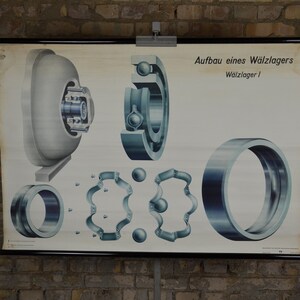 Kugellager; Maschinenbau: Original Vintage Deutsches 70er Jahre Lehrposter Schulwandkarte Mechanik Druck Metall Querschnitt