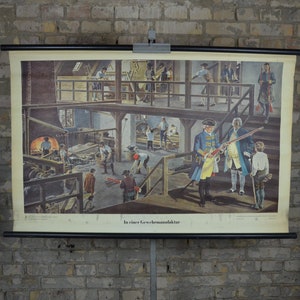 Gunsmith&#39;s Workshop, 18th Century Rifle Manufacture: original vintage 1950s German educational school poster wall chart illustration print