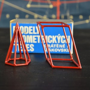 Pyramid & Parallelepiped, Volumes, geometric shape classroom model: original vintage 1970s Czech geometry visual aid math metal science
