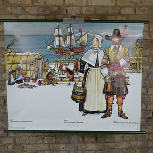 Pères pèlerins, colonie de Plymouth 1620: original vintage années 1970 Affiche de l’école éducative allemande tableau mural Colonisation des pèlerins Mayflower