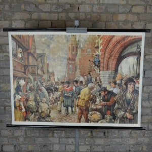 Mittelalterliche Stadt: original Vintage 1960er Jahre große Schule Wandtafel Lehrplakat Mittelalter Deutschland Ritter Geschichte Print Markt Wirtshaus