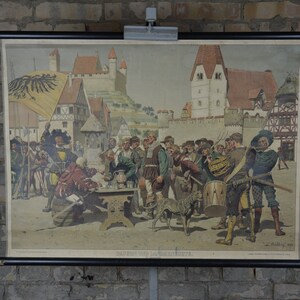 Deutsche Stadt, 1600er Jahre, Landsknecht: original antik 1890er Deutsche Schulwandkarte Lehrtafel Schulposter Mittelalter Geschichte Druck Bauern Hund