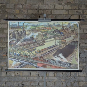 Industrie lourde, Ruhr, Ruhrpott: original vintage des années 1960 Affiche d’école éducative allemande tableau mural rouleau bas impression Iron Plant cargos