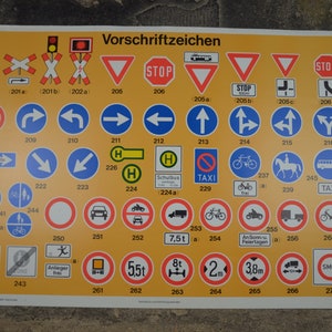Panneaux de signalisation des années 1970, Autobahn, Allemagne: carte scolaire vintage originale panneaux de signalisation affiche éducative pictogrammes de conception graphique des années 70