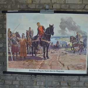Bataille de Riade, Magyars, Roi Heinrich I, Moyen Âge: original vintage 1930s École allemande carte murale histoire Saint Empire romain merseburg