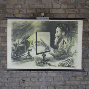 Uitvinding van de X-Ray, Conrad Röntgen originele vintage jaren 1960 Duitse educatieve poster school muur grafiek wetenschappelijke print wetenschap radiologie