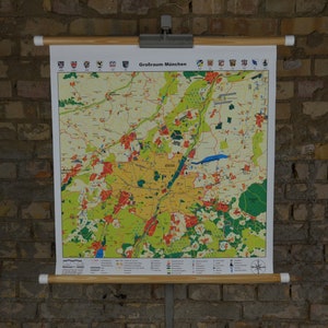 München Karte, Bayern, Deutschland: original vintage 1990er Jahre Karte Lehrtafel Schulwandkarte Rollkarte München Landkreis Karte